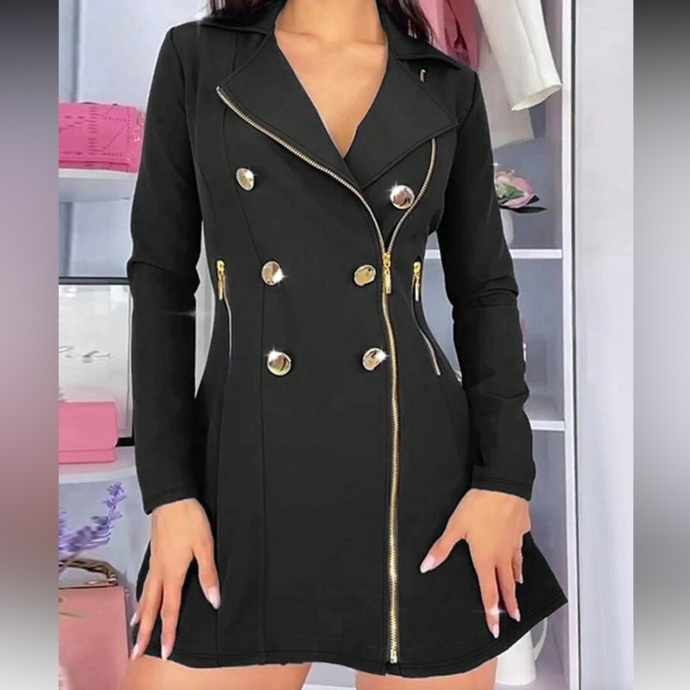Classic Black Double-Breasted Blazer Dress Size L - Picture 3 of 4